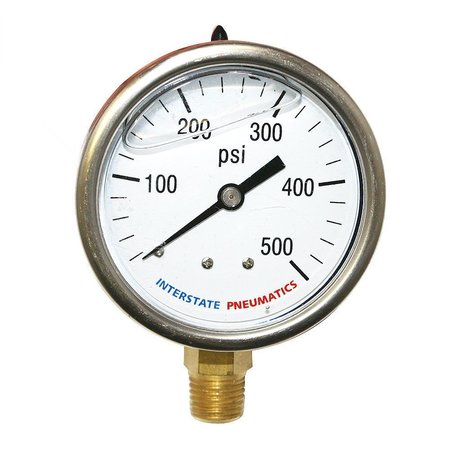 INTERSTATE PNEUMATICS Oil Filled Pressure Gauge 500 PSI 2-1/2 Inch Dial 1/4 Inch NPT Bottom Mount G7022-500